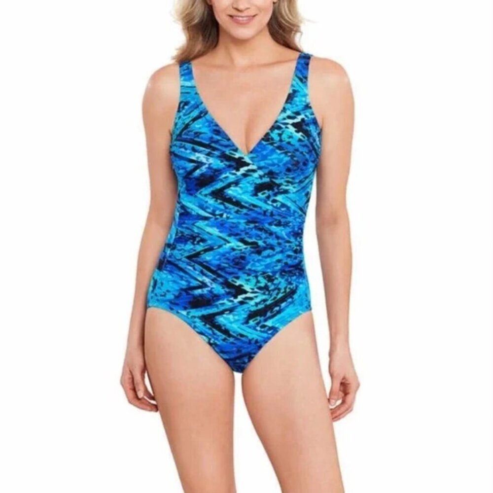 Miradonna Miraclesuit NWOT One Piece Ruched V-Neck Shaping Swimsuit Sz 16